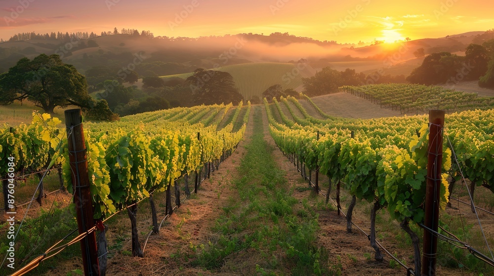 Fototapeta premium Serene Vineyard at Dusk - Peaceful Winery Landscape with Grapevines Leading to Colorful Sunset Sky