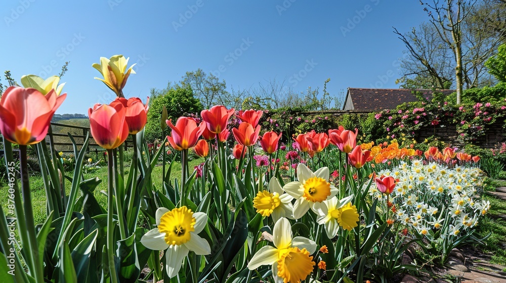 Obraz premium Springtime Bliss: Enchanting Cottage Garden Blooming with Tulips and Daffodils