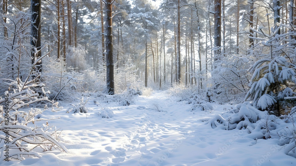 Tranquil Winter Scene in Snowy Forest Clearing with Delicate Snowflakes Falling Tranquil Winter Scene in Snowy Forest Clearing with Delicate Snowflakes Falling
