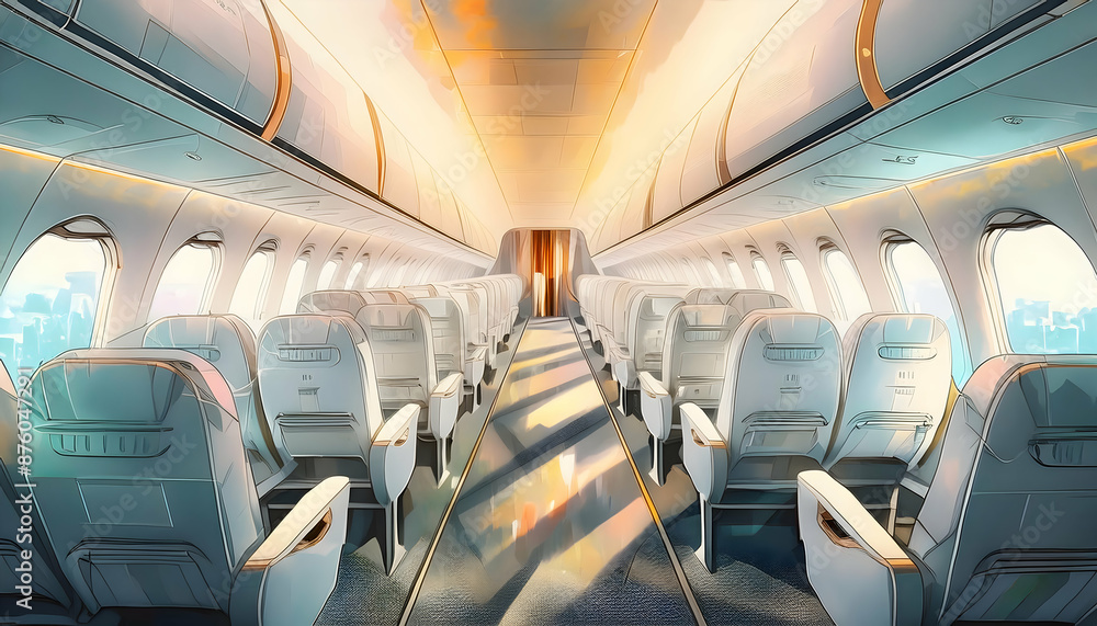 Interior of airplane with passengers on seats, reflect the diversity and complexity on digital art concept, Generative AI. Interior of airplane with passengers on seats, reflect the diversity and complexity on digital art concept, Generative AI.