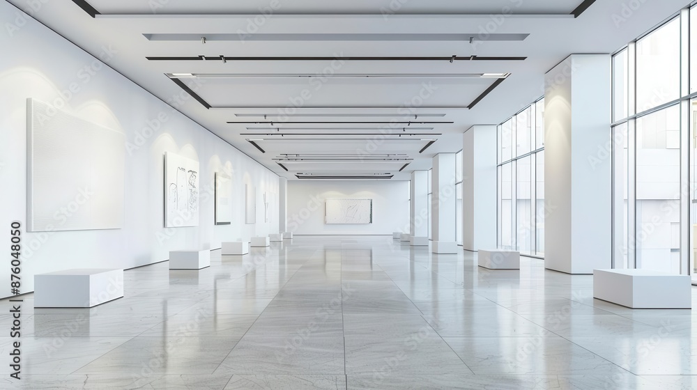 Spacious art exhibition hall with empty pedestals and blank walls, ideal for showcasing modern art pieces Spacious art exhibition hall with empty pedestals and blank walls, ideal for showcasing modern art pieces