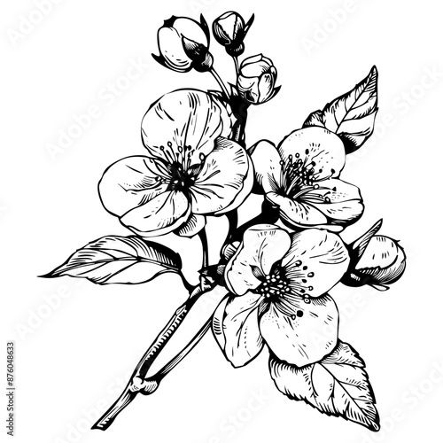 Hand drawn highly detailed blooming apple flowers