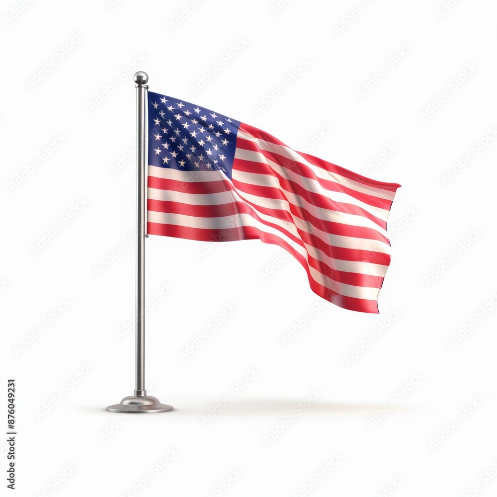 An American flag waving proudly on a flagpole against a white background. An American flag waving proudly on a flagpole against a white background.