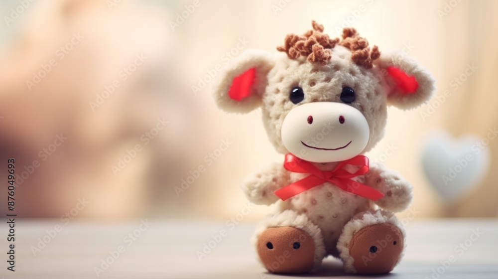 Fototapeta premium Cute cow toy with red heart, Valentine's day.