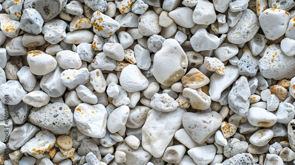 Texture pattern of white pebbles gravel and small stones in walk way path and floor for garden interior decoration background. Various shapes of white decorative gravel stones pattern for background. Texture pattern of white pebbles gravel and small stones in walk way path and floor for garden interior decoration background. Various shapes of white decorative gravel stones pattern for background.