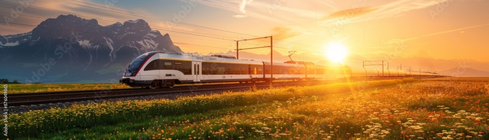 Train passing through a field at sunset with mountains in the background. Train passing through a field at sunset with mountains in the background.