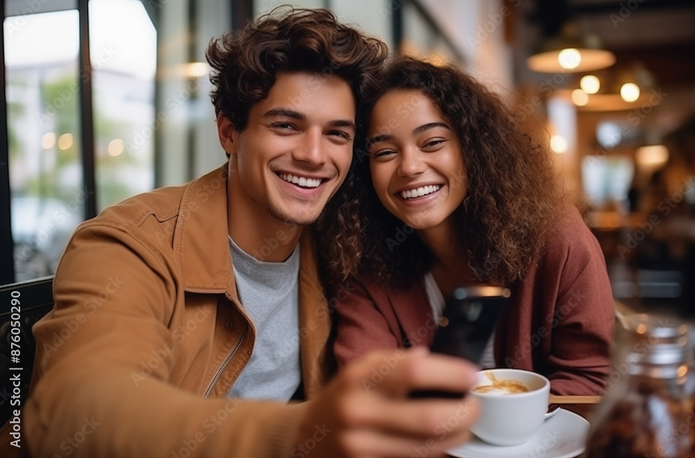 A smiling couple enjoying their time together at a cafe, holding a phone and coffee A smiling couple enjoying their time together at a cafe, holding a phone and coffee