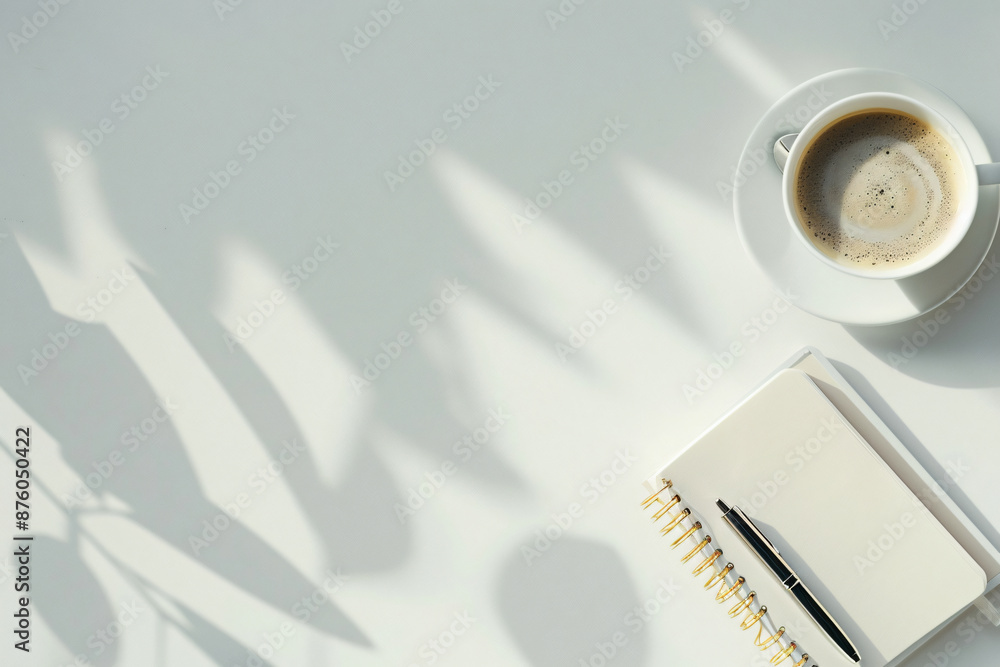 Photo of a minimalist desk with a notebook, pen and coffee on a white background in a top view. Web banner with copy space in the right bottom corner against a clean background with blurred edges Photo of a minimalist desk with a notebook, pen and coffee on a white background in a top view. Web banner with copy space in the right bottom corner against a clean background with blurred edges