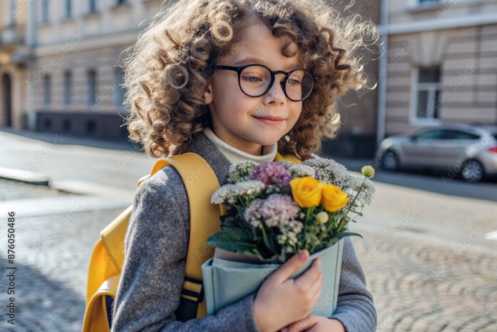 Fototapeta premium A cute little curly-haired girl with glasses and a bouquet of autumn flowers goes to school for the first time. A child with a school bag, a book and flowers. A child on a city street. Back to school.