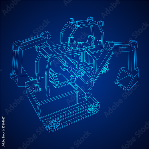 Heavy equipment excavator machine manufacturing power equipment for open pit mining. Wireframe low poly mesh vector illustration