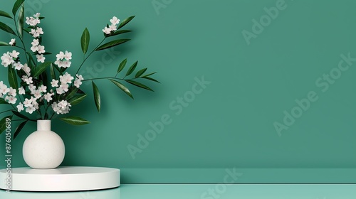 Bright and vibrant 3D geometric podium mockup with natural tree leaves and flower elements, perfect for presentations requiring a blend of modern design and nature Clean and Clear Color, Realistic