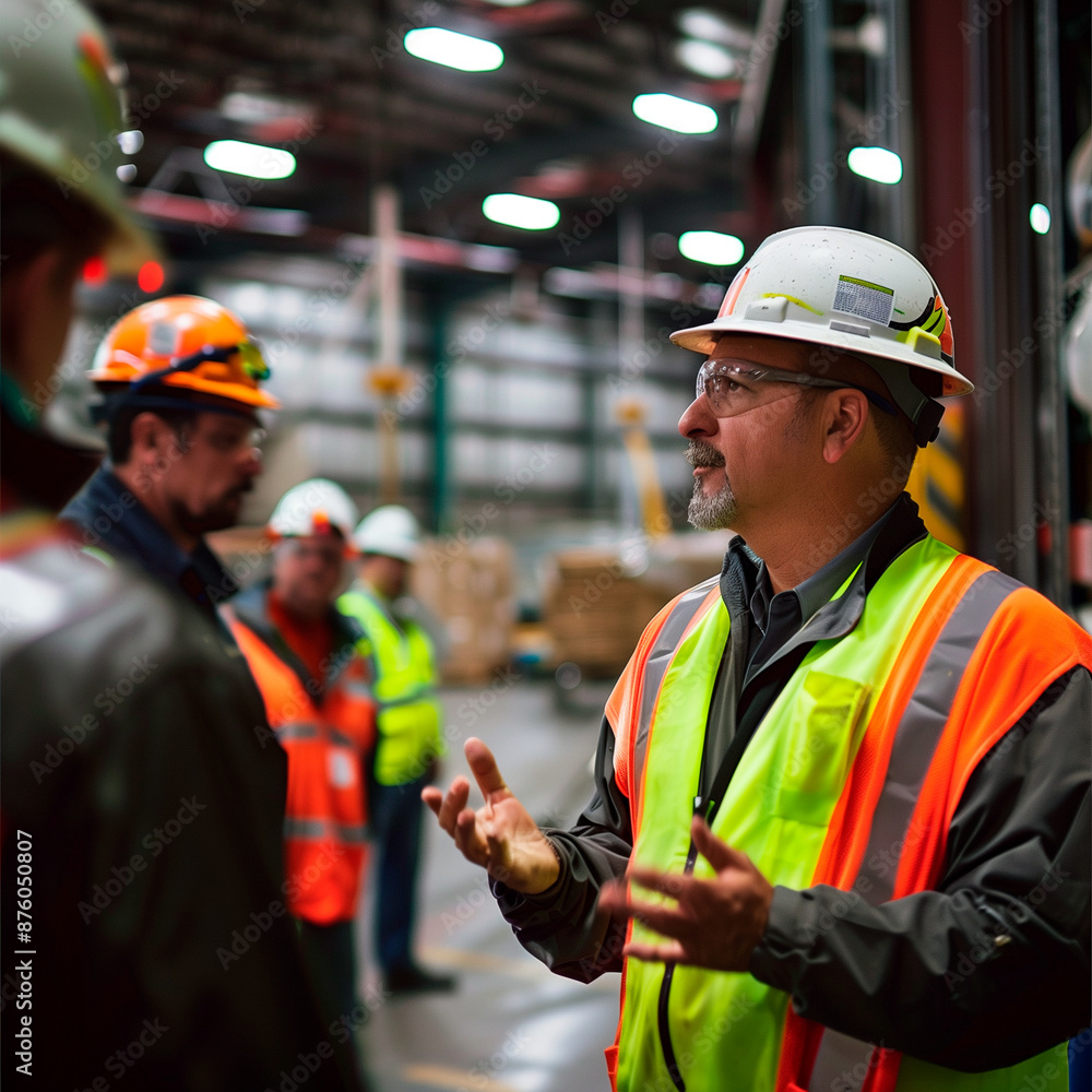 A group of warehouse workers, including a senior man in a reflective vest and helmet, talking with colleagues. All are wearing safety gear in a warehouse setting A group of warehouse workers, including a senior man in a reflective vest and helmet, talking with colleagues. All are wearing safety gear in a warehouse setting