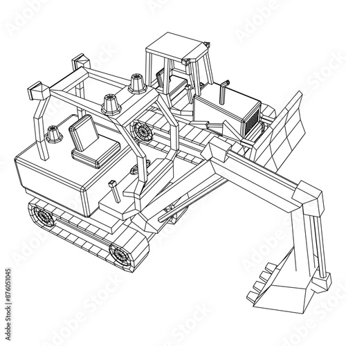 Heavy equipment excavator machine manufacturing power equipment for open pit mining. Wireframe low poly mesh vector illustration