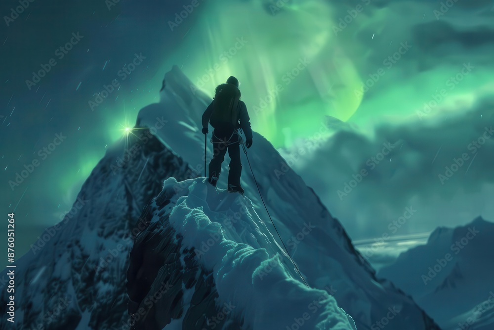 Obraz premium determined mountaineer scaling an icy peak northern lights shimmering in the background