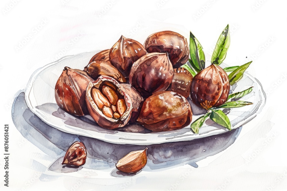 Hand-Drawn Watercolor Illustration of Delicious Candied Chestnuts on Plate