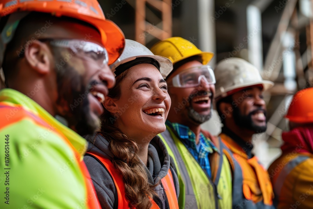 diverse group of construction workers in bright safety gear share a moment of camaraderie their genuine smiles reflect teamwork and job satisfaction against a backdrop of an unfinished structure diverse group of construction workers in bright safety gear share a moment of camaraderie their genuine smiles reflect teamwork and job satisfaction against a backdrop of an unfinished structure