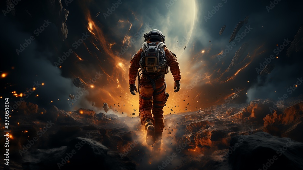There is a man in a space suit, walking in outer space There is a man in a space suit, walking in outer space