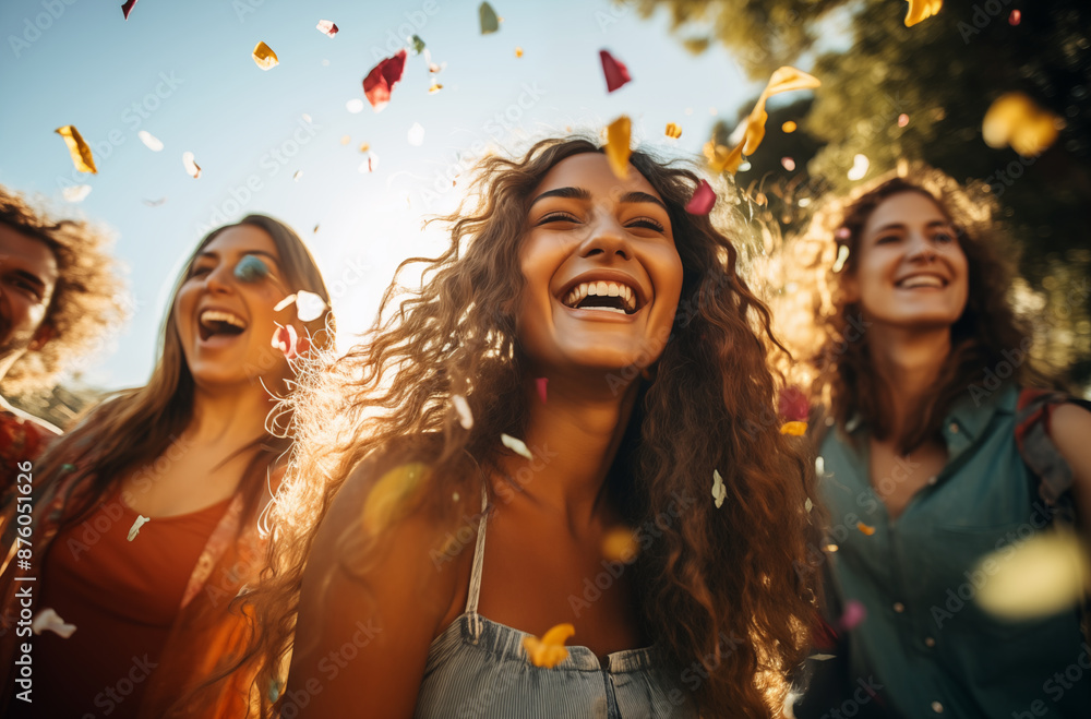 Obraz premium Group of friends celebrating outdoors with confetti, showing joy and happiness in a sunny setting