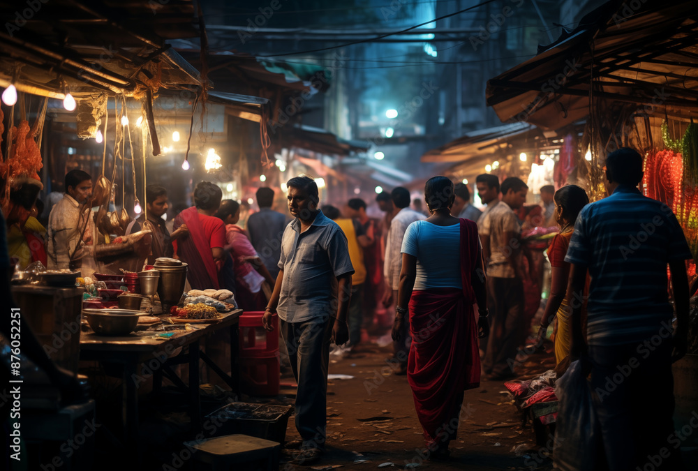 A crowded and vibrant market scene at night with people shopping and interacting A crowded and vibrant market scene at night with people shopping and interacting