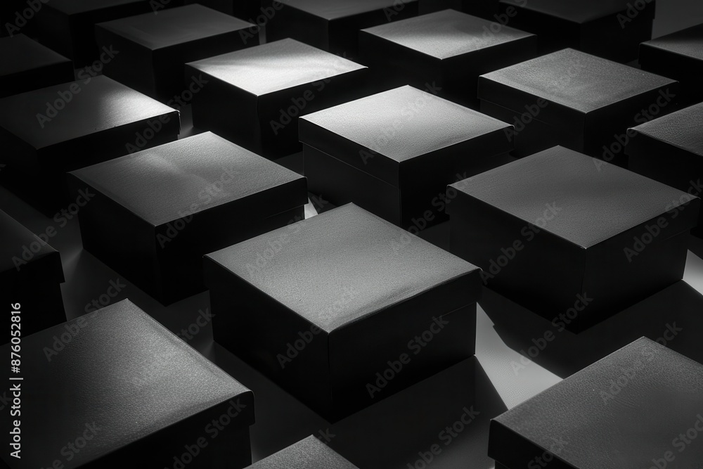 elegant display of matte black gift boxes with subtle sheen arranged in geometric pattern soft spotlight creating dramatic shadows elegant display of matte black gift boxes with subtle sheen arranged in geometric pattern soft spotlight creating dramatic shadows
