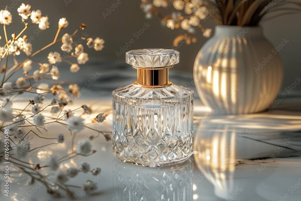 elegant perfume bottle mockup sleek crystal flacon with gold accents on marble surface soft diffused lighting and a hint of floral fragrance visible elegant perfume bottle mockup sleek crystal flacon with gold accents on marble surface soft diffused lighting and a hint of floral fragrance visible