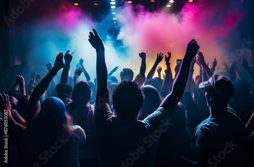 Colorful Concert Crowd with Raised Hands