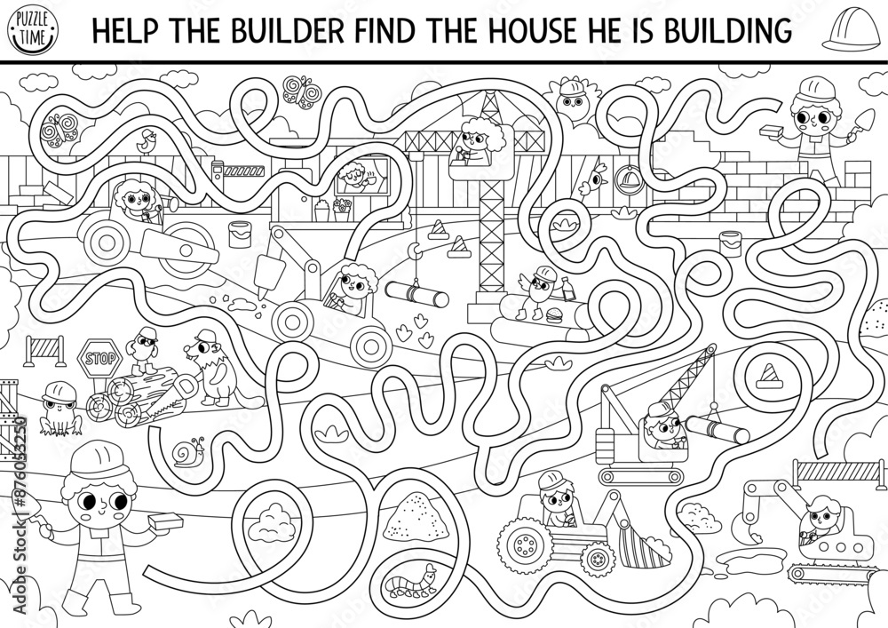 Construction site black and white maze for kids with industrial landscape, builders, technics, crane. Building works preschool printable activity, coloring page. Repair service labyrinth game, puzzle. Construction site black and white maze for kids with industrial landscape, builders, technics, crane. Building works preschool printable activity, coloring page. Repair service labyrinth game, puzzle.