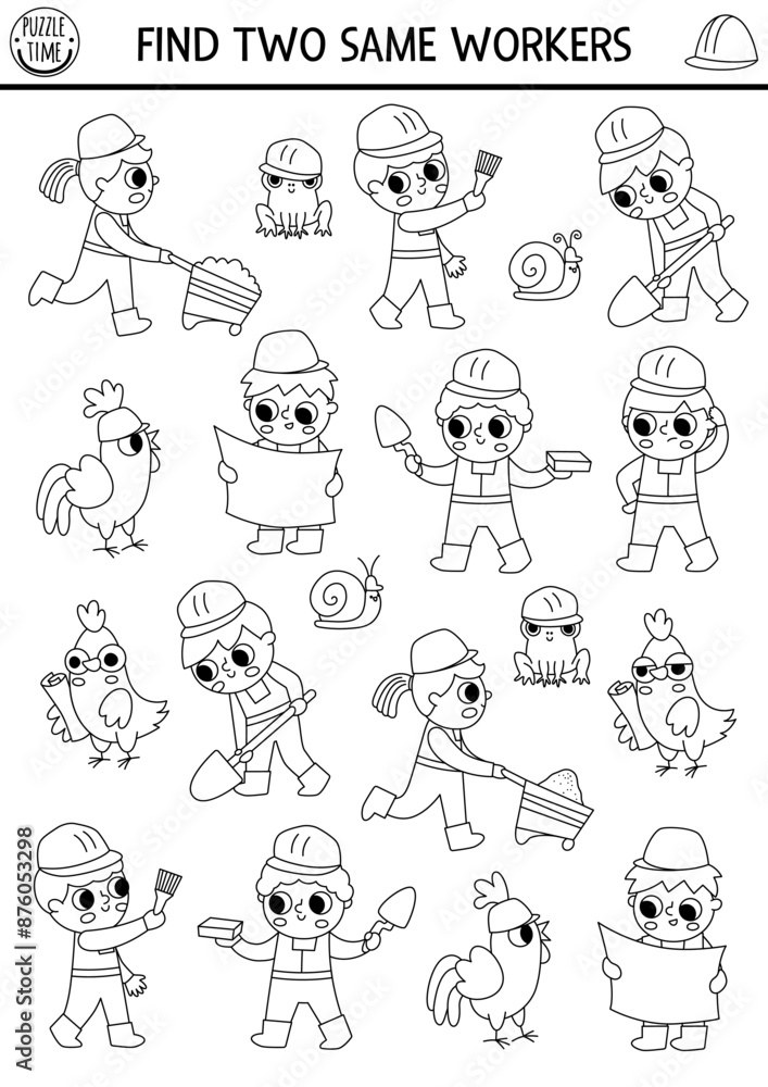 Find two same workers. Construction site black and white matching activity. Building works educational quiz worksheet for kids for attention skills. Simple printable game, coloring page with builders. Find two same workers. Construction site black and white matching activity. Building works educational quiz worksheet for kids for attention skills. Simple printable game, coloring page with builders.