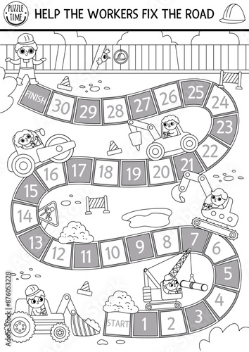 Road works black and white dice board game for children with kid drivers, transport, bulldozer, tractor. Construction site line boardgame.  Track repair service printable activity, coloring page