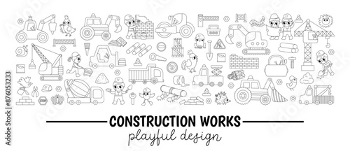 Vector black and white construction site horizontal border set with kid builders, transport, crane. Building works card template design for banners. Cute repair service line illustration.