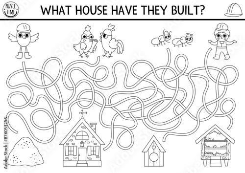 Construction site black and white maze for kids with animals, builder, houses. Building works preschool printable activity, labyrinth game, coloring page or puzzle with worker, birds, homes.