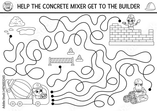 Construction site black and white maze for kids. Help concrete mixer go to worker building house. Building works preschool printable activity. Repair service labyrinth game, puzzle, coloring page.