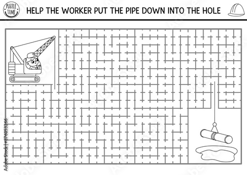 Construction site black and white geometrical maze for kids with road repairing worker, car. Building printable activity. Labyrinth game, puzzle or coloring page with crawler crane putting pipes.
