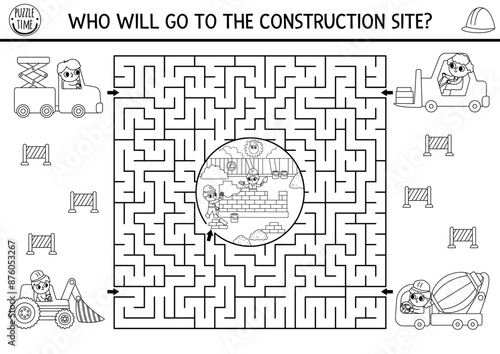 Construction site black and white geometrical maze for kids with industrial scene, builder, bulldozer. Building works preschool printable activity. Repair service labyrinth game, puzzle, coloring page