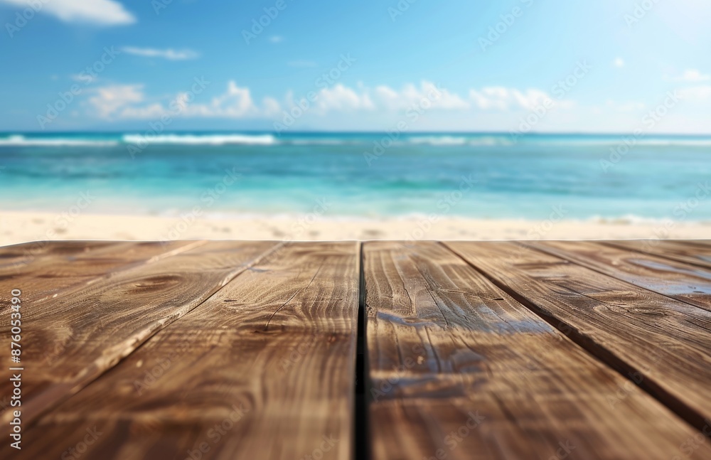 Fototapeta premium Empty beautiful wood tabletop counter on interior in clean and bright beach background