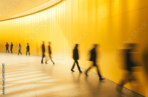Blurred motion of people walking in a modern, yellow-colored corridor, creating a dynamic and vibrant scene
