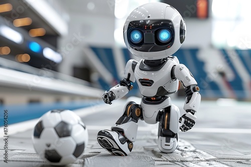 Futuristic Robot football player plays in soccer ball, isolated on white background