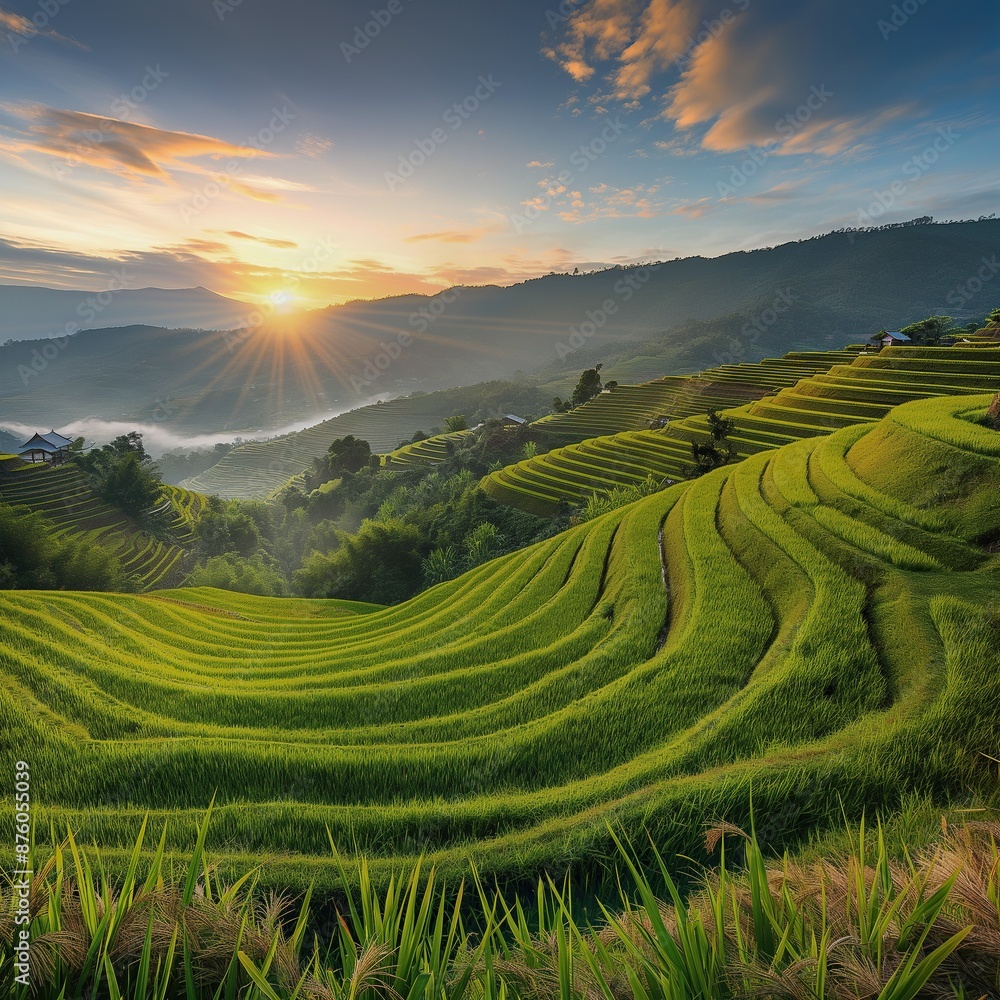 Aerial view of green rice fields. Agricultural landscape in Asia captured by drone. Green field, place for nature travel. Plantation agriculture, rice. Aerial view of green rice fields. Agricultural landscape in Asia captured by drone. Green field, place for nature travel. Plantation agriculture, rice.