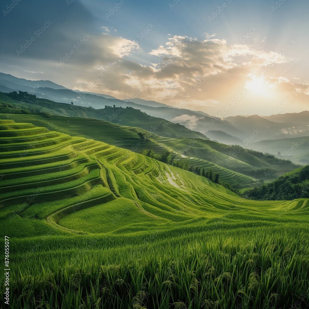 Aerial view of green rice fields. Agricultural landscape in Asia captured by drone. Green field, place for nature travel. Plantation agriculture, rice. Aerial view of green rice fields. Agricultural landscape in Asia captured by drone. Green field, place for nature travel. Plantation agriculture, rice.