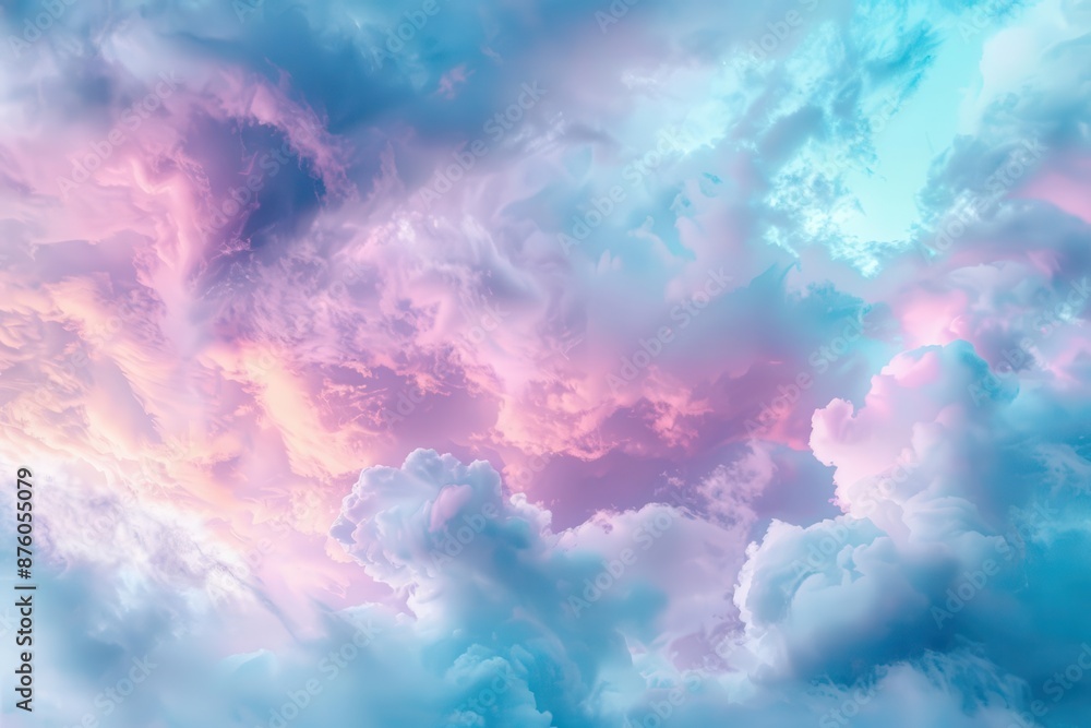 Fototapeta premium ethereal pastel cotton candy clouds swirl across a dreamy sky creating a soft and whimsical atmosphere with delicate shades of pink and baby blue