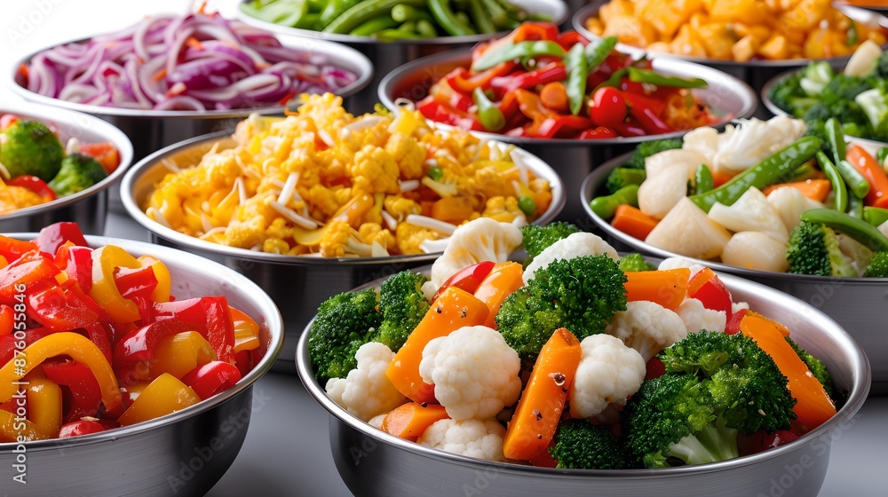 Stir-fries: A variety of stir-fries in different cuisines, such as Thai stir-fry, Chinese stir-fry, and Indian stir-fry, arranged closely together on a pristine white background. Stir-fries: A variety of stir-fries in different cuisines, such as Thai stir-fry, Chinese stir-fry, and Indian stir-fry, arranged closely together on a pristine white background.