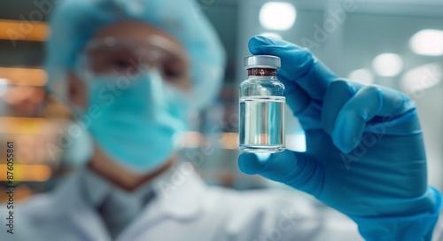 A gloved hand holds a small medicine bottle, the doctor is out of focus in the background.