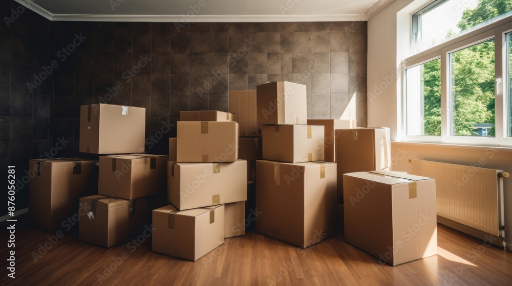 Several stacked moving boxes in a sunlit room, signifying relocation, new beginnings, and organization. Several stacked moving boxes in a sunlit room, signifying relocation, new beginnings, and organization.