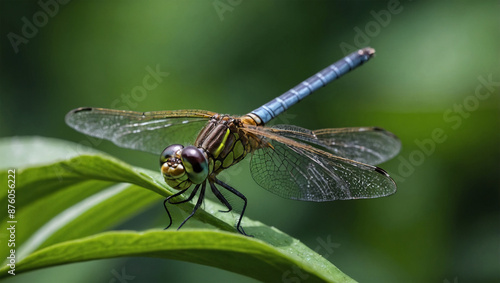 Dragonfly perched on a green leaf photo