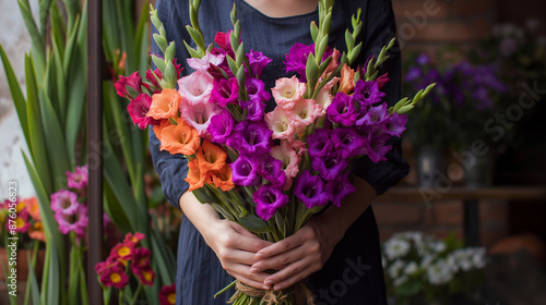 Wallpaper Mural One hand holding a large bouquet of purple and orange pionies made by a florist. modern long shape, modern look. coffeeshop Torontodigital.ca