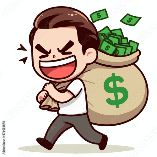 Vector Illustration of One Man Bringing a Sack of Money with Cunning Expression