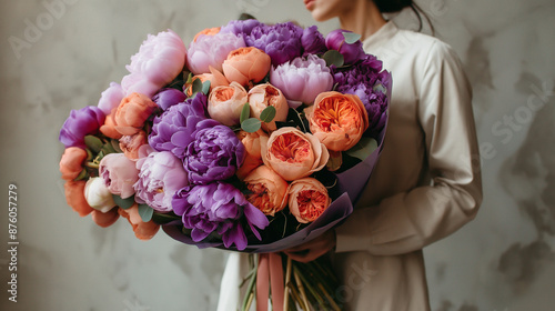 One hand holding a large bouquet of purple and orange pionies made by a florist. modern long shape, modern look. coffeeshop photo