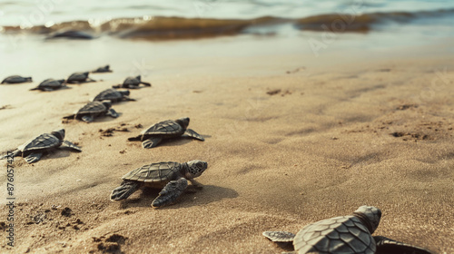 Baby sea turtles crawling to ocean after hatching eggs.