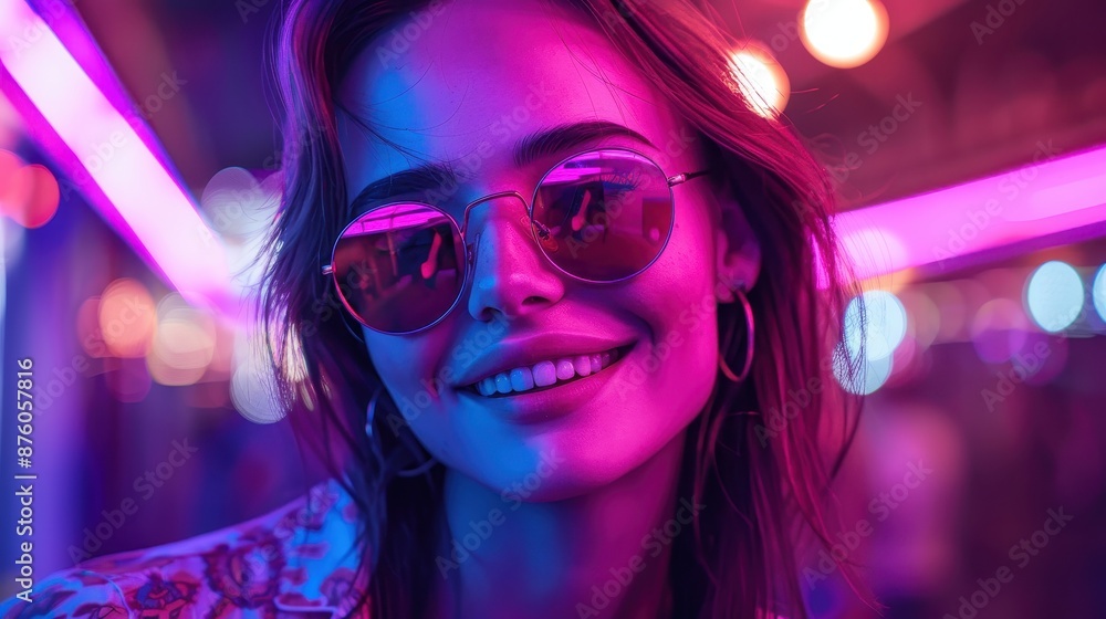 Smiling Woman in Sunglasses Under Neon Lights at Night. Generative AI Smiling Woman in Sunglasses Under Neon Lights at Night. Generative AI