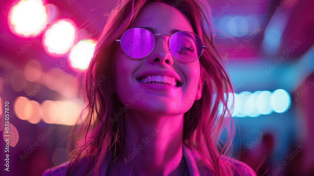 Woman Wearing Purple Sunglasses Smiles in Neon Lights. Generative AI Woman Wearing Purple Sunglasses Smiles in Neon Lights. Generative AI